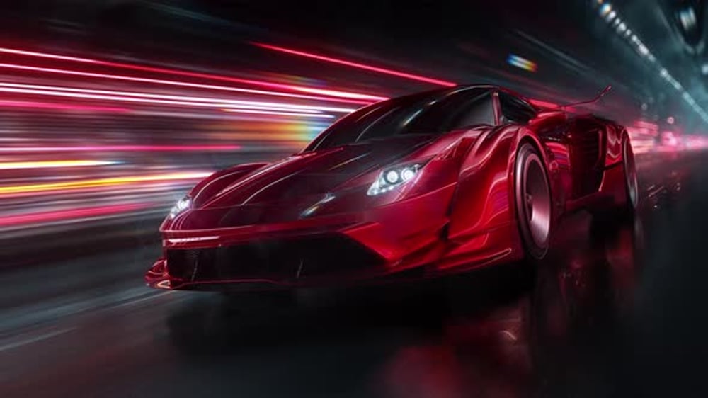 Sleek red sports car racing at high speed on neon highway. Power ...