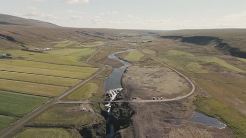 Aerial View of Iceland Majestic Canyon with Mountains and Waterfalls in Summer