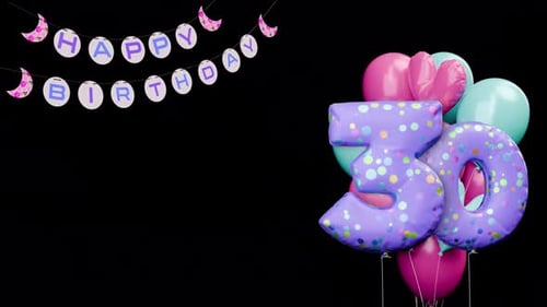 Animated Happy Birthday Celebration with Colorful Balloons and Number 30