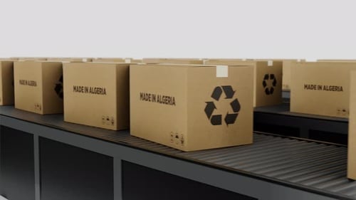Ein Strom von Kartons mit der Aufschrift „Made In The Algeria“ bewegt sich auf einer Förderlinie