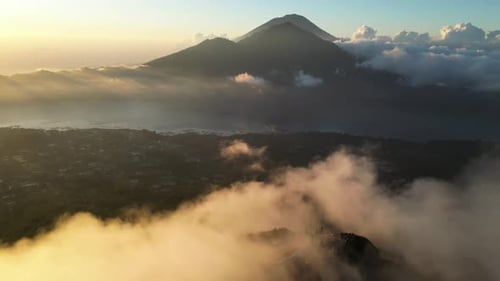Clouds over Batur volcano in Bali, Indonesia (aerial view)
