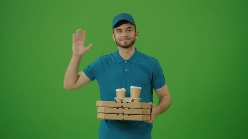 Green Screen Portrait Food Delivery Man Holding Pizza and Coffee Boxes