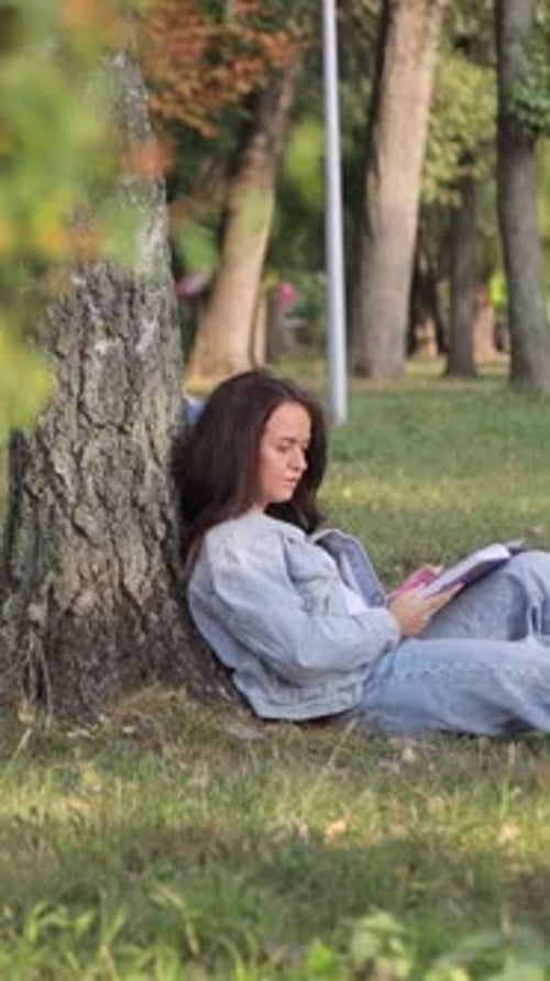 A Young Student Girl Sits on the Grass in the Park with a Computer Studying at the University