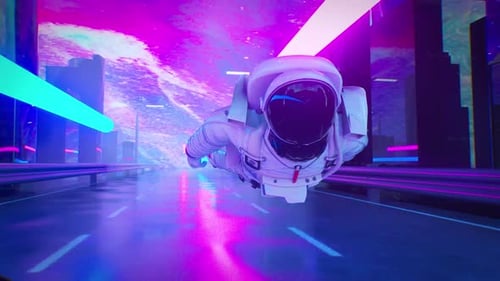 Astronaut Flying on a Cyberpunk Road VJ loop
