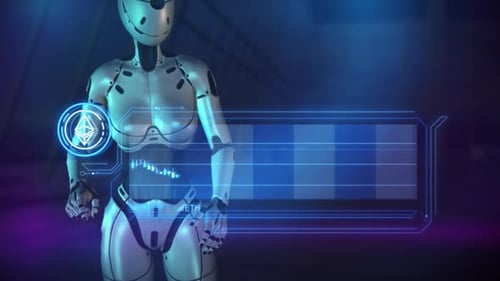 An AI Robot Monitors Ethereum Quotes On A Virtual Panel