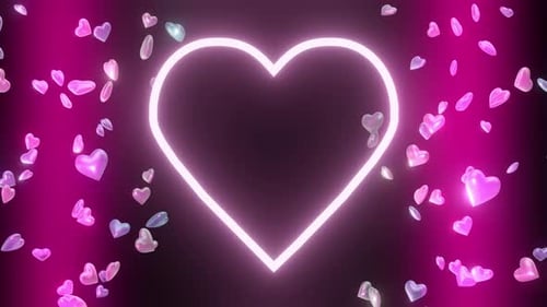Pulsating Neon Heart and Falling Hearts Background