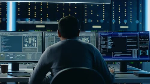 Especialista em TI toma seu lugar na mesa e começa a trabalhar no computador pessoal com exibição de telas