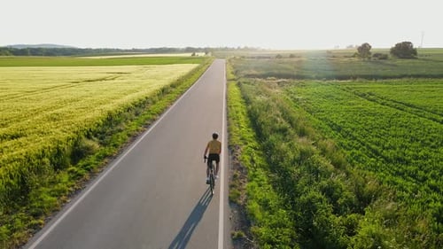 Cyclist Riding Bicycle on Countryside Road Near Agricultural Fields