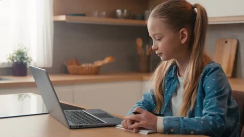 Moving Camera Caucasian Kid Girl Schoolgirl Listen Online Lesson School Class at Home Writing