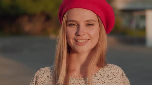 Stylish Woman Smiling Wearing Red Beret