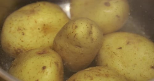 Close up of boiling skinned potatoes in a cooking pot