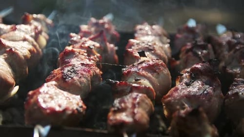 Close Up Smoked Bbq Roasting on Metal Skewers on Brazier. Tasty Barbecue