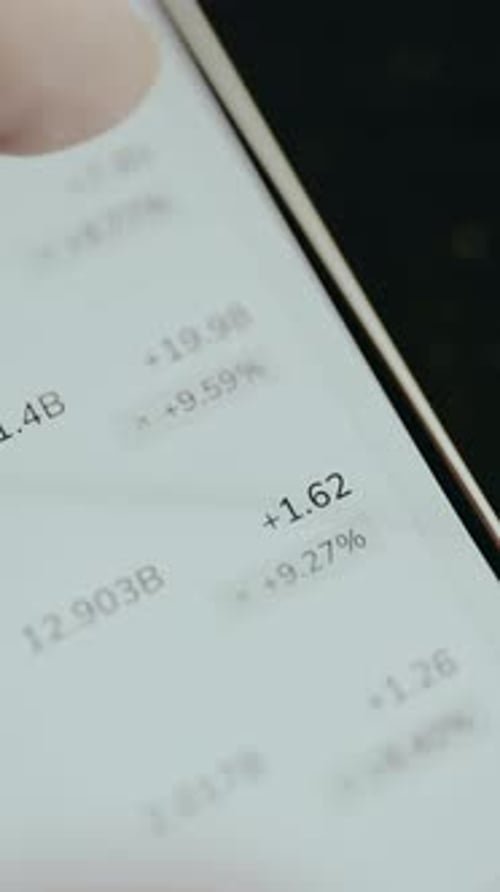 Person Views Stock Market Data with Values in Billions and Percentage Changes
