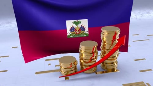 Haiti Flag With Gold Coins Tower And Up Arrow