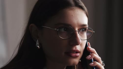 Focused Business Woman Speaking Mobile Phone at Home Office in Slow Motion Closeup Smiling Lady