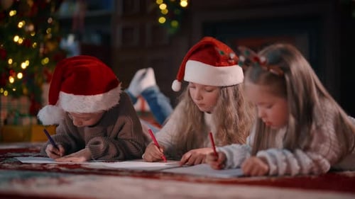 Kids Writing Christmas Letters by Christmas Tree