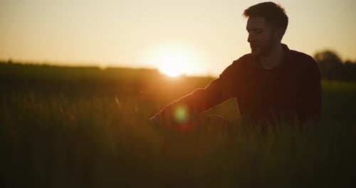 Man Sitting in Grassy Field During Sunset