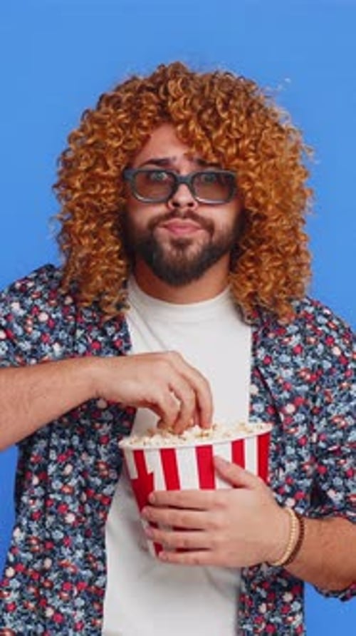 Excited Man in 3D Glasses Eating Popcorn Watching Interesting Tv Serial Sport Game Cinema Film