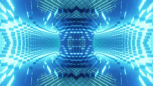 Fondo abstracto azul dentro del renderizado 3D de pixelelization build Torus Tunnel. En bucle sin fisuras. NFT