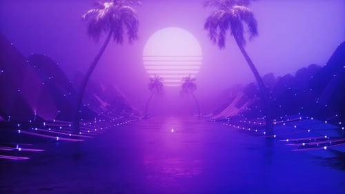 Nebelige Straße mit Palmen, glühender Synth-Wave-Kulisse, Loop