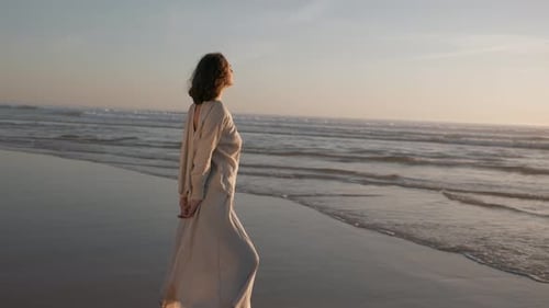 Closeup of the Beautiful Young Lady Admiring the Ocean Sunset Good Feeling