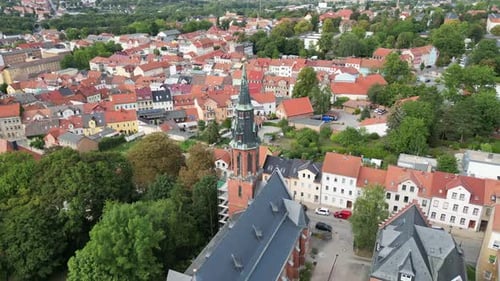 Aerial video around a church in Apolda, thuringia, Germany
