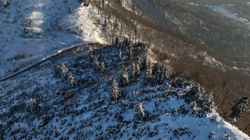 Aerial view of a frozen forest with snow covered trees at winter. Flight above beautiful snowy mount
