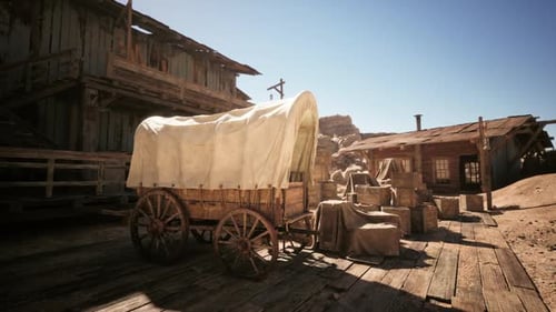 Wooden Wagon and Rustic Buildings in an Old Western Town at Midday