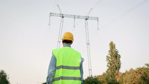 Power Line Inspector Near Electrical Transmission Tower on Construction Site