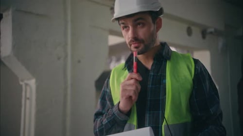 Man in Hardhat Examines Building Plans