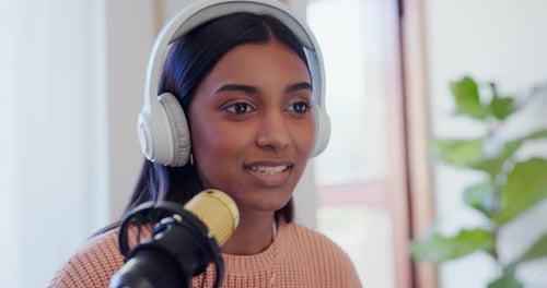 Microphone, headphones and woman on podcast, live stream and journalist with connection