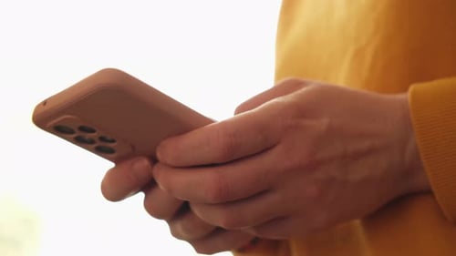 Woman Hand Holding Cell Phone Touch Screen Typing Scroll Page Using App Smartphone Mobile Phone