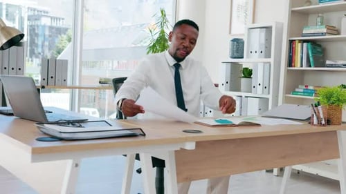 Busy, writing and happy black man in office, laptop and notebook planning