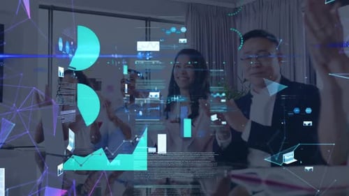 Animation of interface showing statistics and information with business people clapping at a meeting