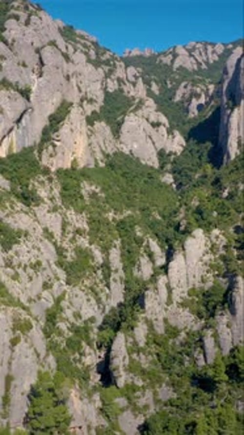 Aerial of Montserrat Mountains in Catalonia Spain in Vertical