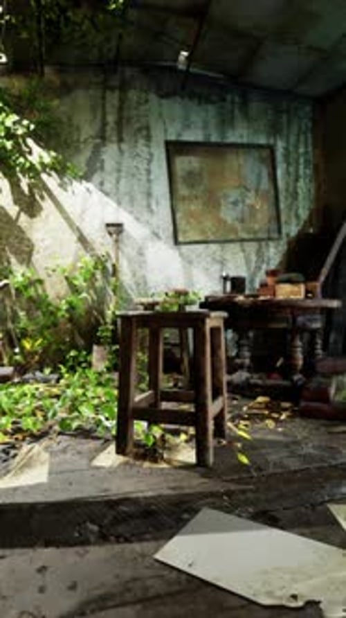 An Abandoned Room Filled with Overgrown Plants and Scattered Debris