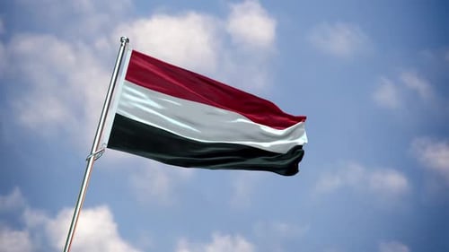 Yemen Flag Waving Against Blue Sky Animation