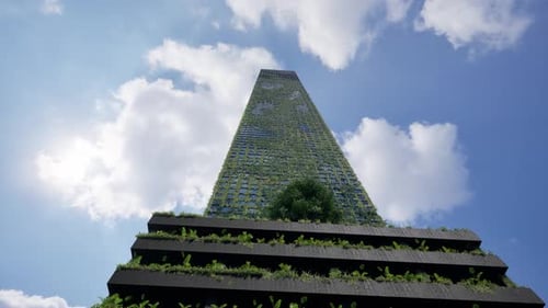 Los rascacielos verdes emergen con un cielo azul y una visión ecológica