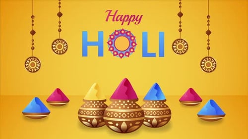 Happy Holi Festive Greeting Animation with Decorative Pots