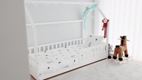Kids Bedroom with White House Bed and Toys