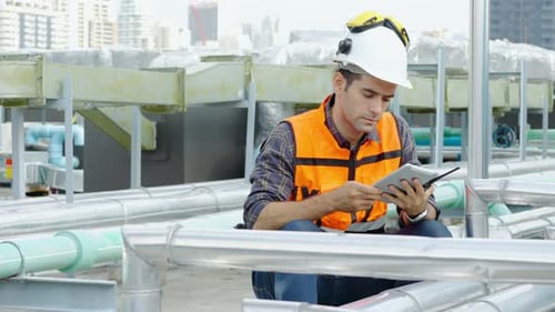 Männlicher technischer Vorarbeiter arbeitet mit einem Tablet und befehlen, während er im Funkgespräch mit einem Kollegen spricht