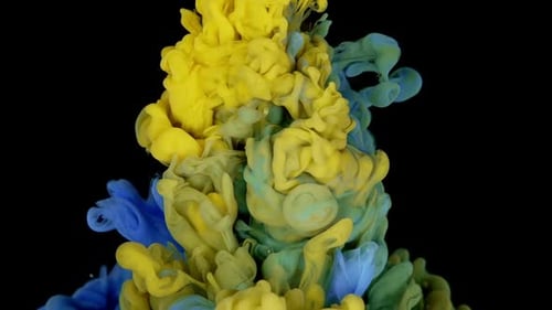 Swirling Yellow and Blue Ink Plumes on Black