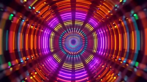Abstraktes Neonlichtportal mit pulsierenden bunten Ringen