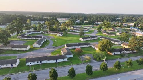 Aerial View of Charming Suburban Neighborhood with Rows Houses