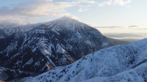 Aerial view of snowy mountain peaks, United States.