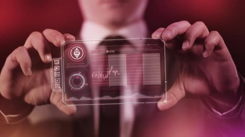 Businessman Holding Gadget With Infographics Of Ethereum Fall