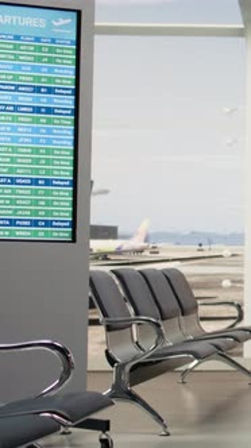 Vertical Video Quiet Airport Terminal Waiting Area with No Passengers and Departures Board