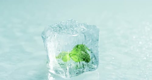 Close up of a professional crystal ice cube with mint inside for cocktail preparation at the bar o