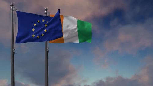 European Union and Ireland Flags Waving Animation