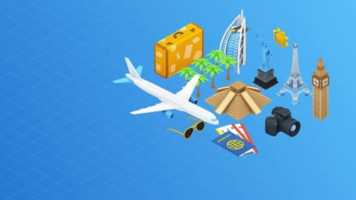 Ícones de viagens e férias com mala de avião, passaporte e animação de pontos turísticos